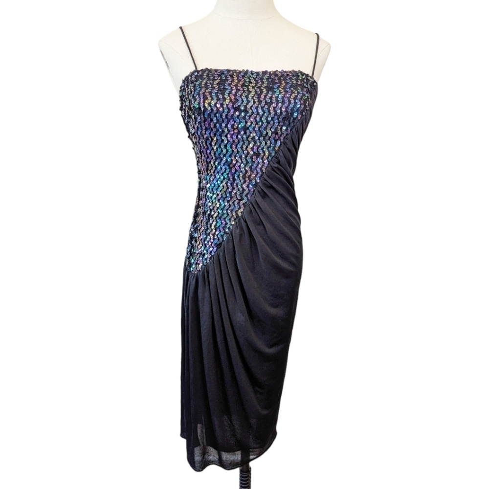 Vintage 70s‎ Disco Sequin Draped Midi Dress Glam Cocktail